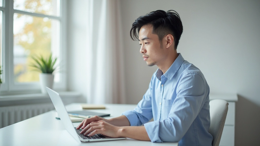 Jonge man bestudeert uitgavenstaten op laptop in moderne woonkamer