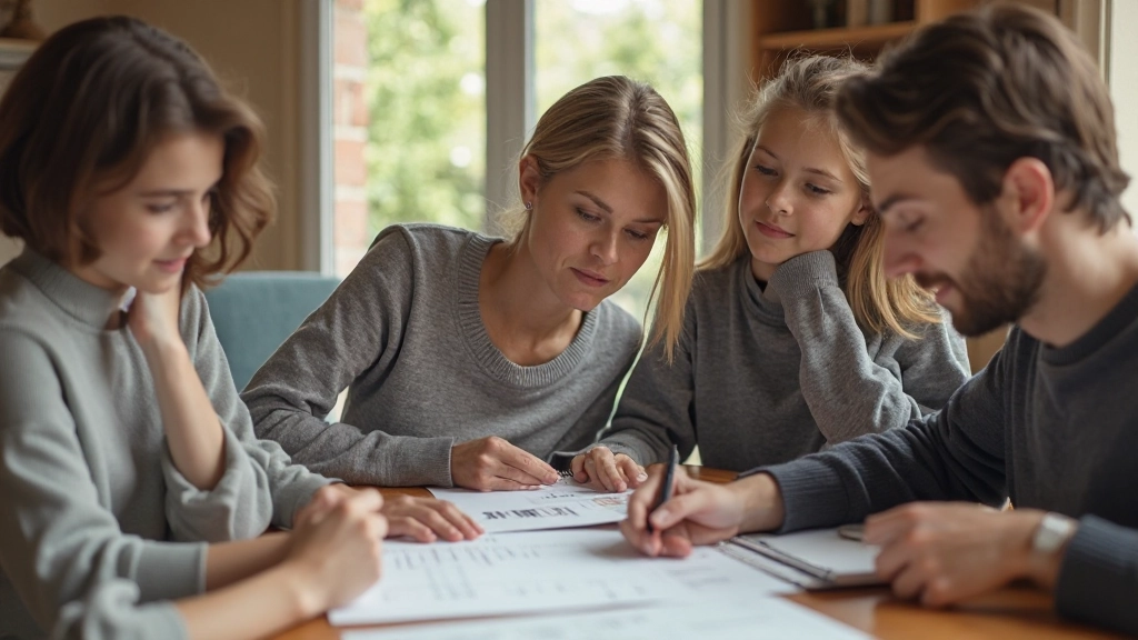 Familie zit samen aan tafel met notitieboeken en discussie over gezinsfinanciën