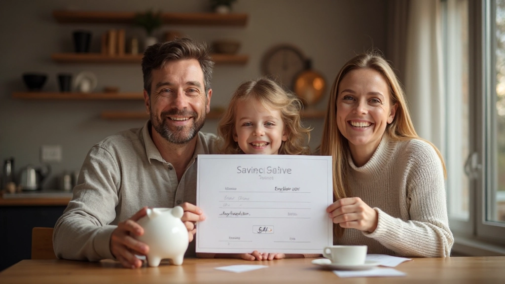 Familie viert bereiken van spardoel met spaarpot vol munten en certificaat