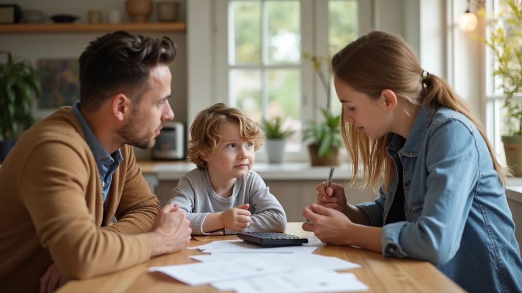 Familie bespreekt financiële planning rond keukentafel met documenten