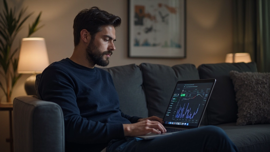 Jonge man bestudeert uitgavenstaten op laptop in moderne woonkamer