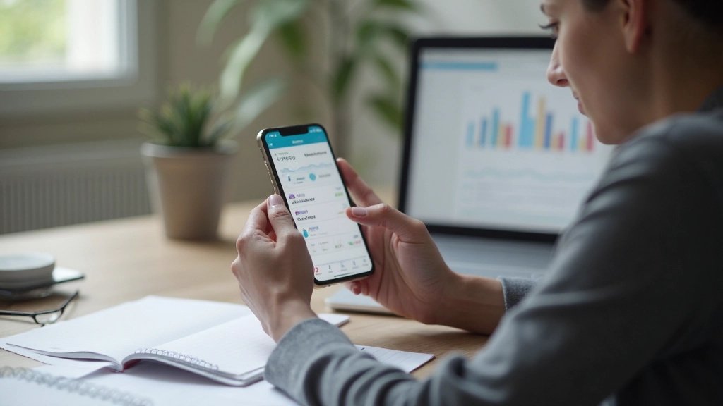 Persoon die spaardoelen opschrijft in een notitieboek met munten en grafieken