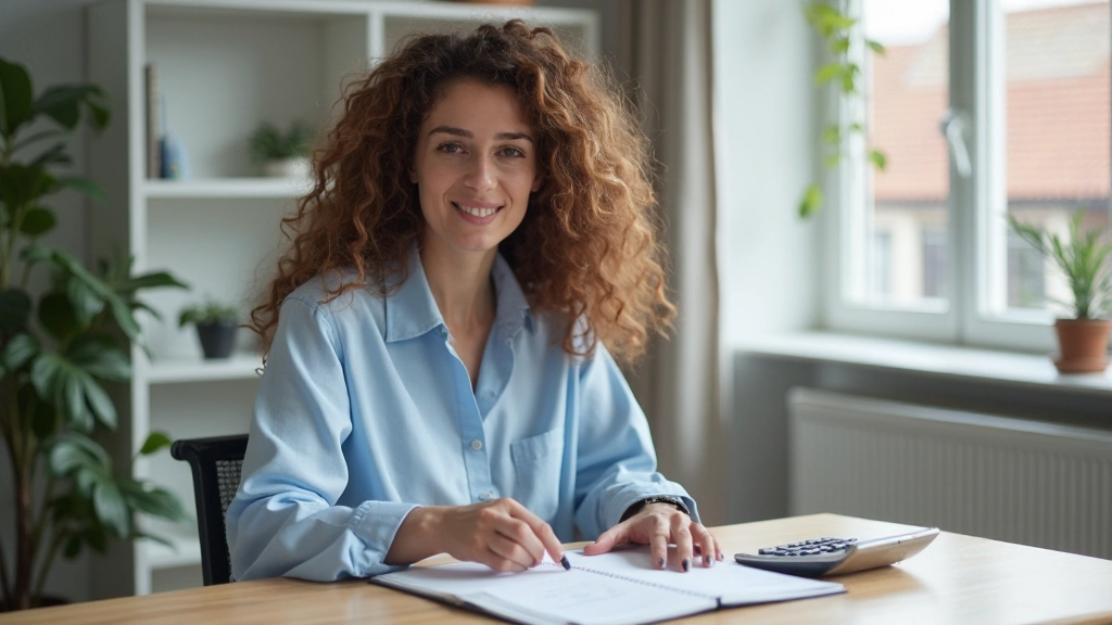 Professionele budgetplanner aan tafel met notitieboekje en calculator