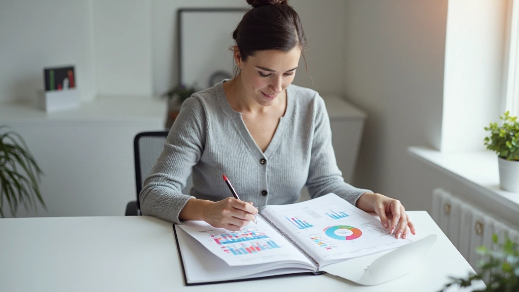 Vrouw analyseert kasboek met grafiekgegevens op bureau