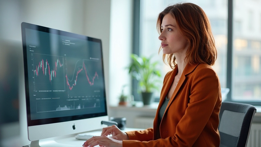 Professionele vrouw bestudeert financiële grafieken op grote monitor in modern kantoor